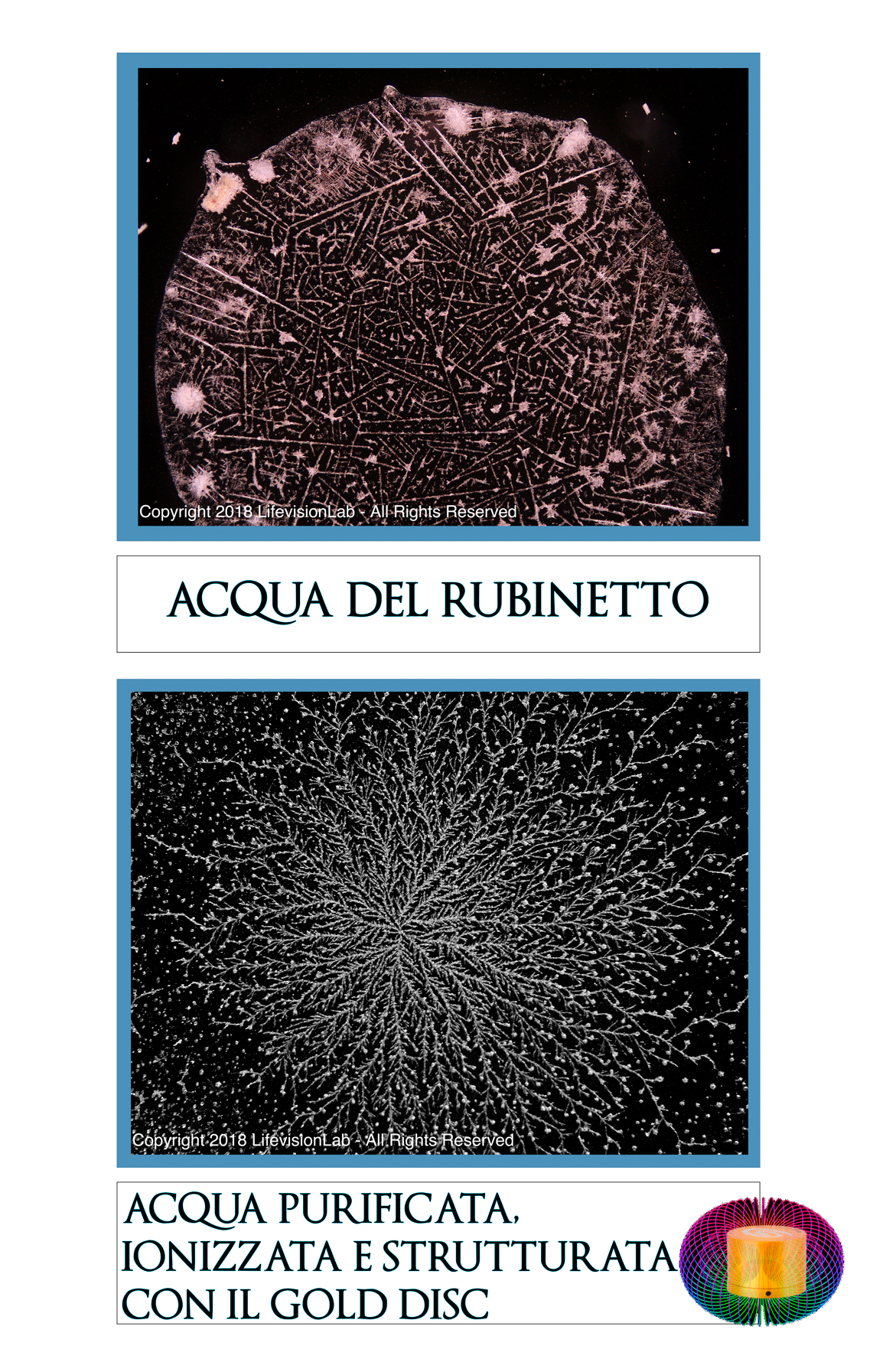 Confronto visivo tra acqua del rubinetto e acqua purificata, ionizzata e strutturata con Gold Disc Technology